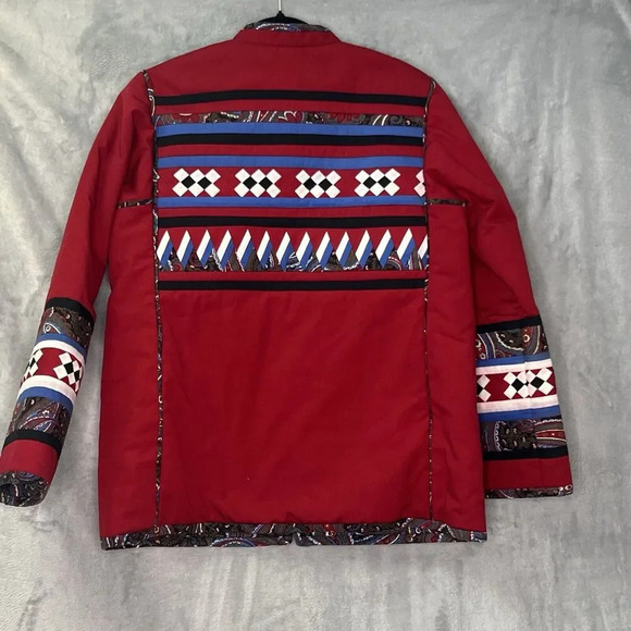 VTG Patchwork Asian Traditional Red Reversible Paisley Geometric Jacket Sz M - Picture 1 of 13